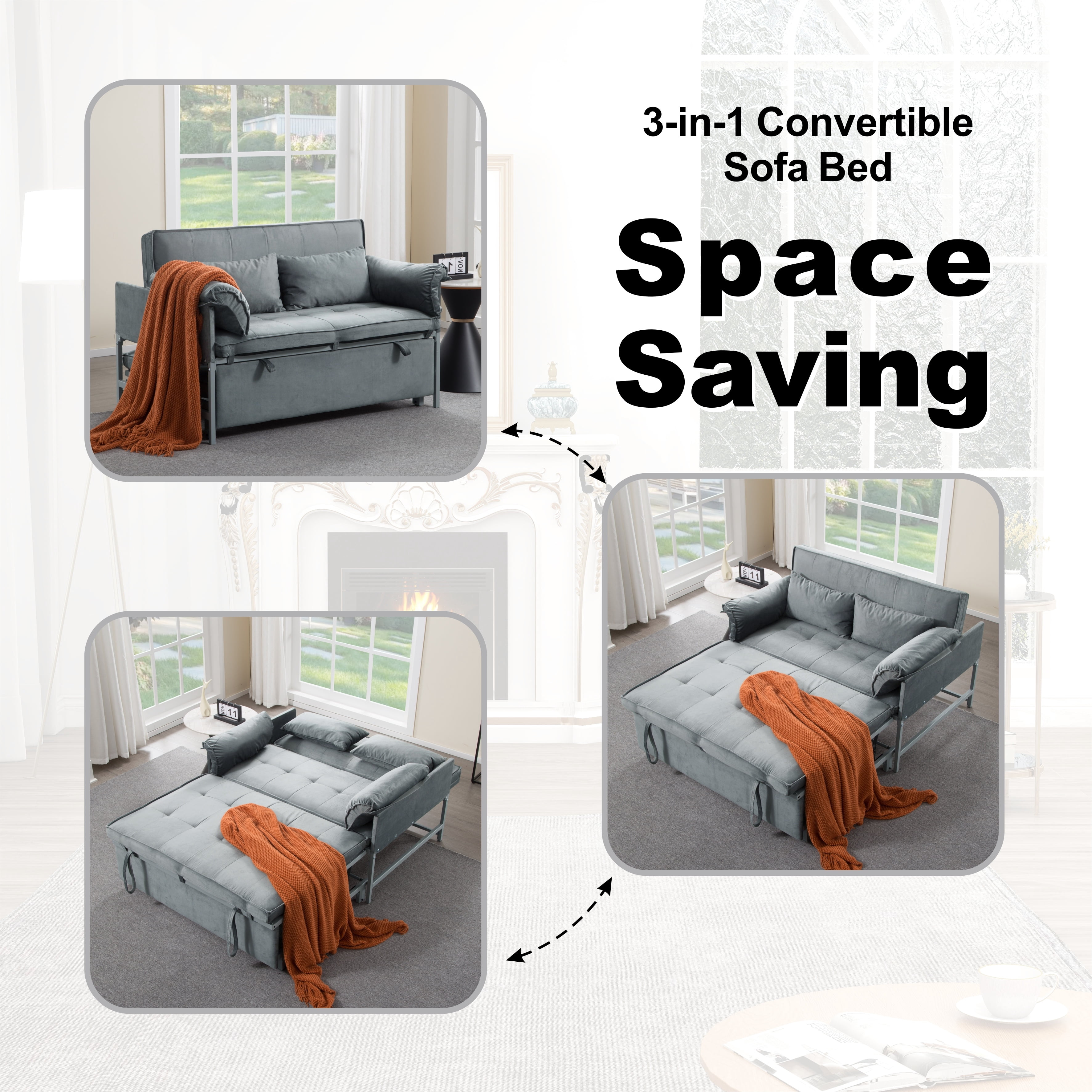 Gewnee 46"Convertible Sleeper Sofa – Pull-out Bed with 5 Reclining Positions,Movable Arm Cushion,Ideal for Apartment,Office,Guest Room.Gray