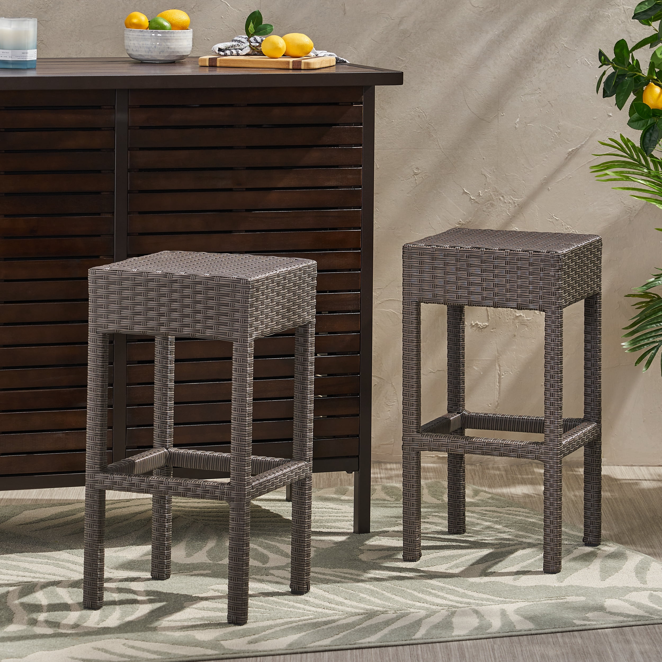 Outdoor PE Rattan Backless Bar Stool Set of 2, Simple Height Leisure Seats for Patio Bar, Dark Brown
