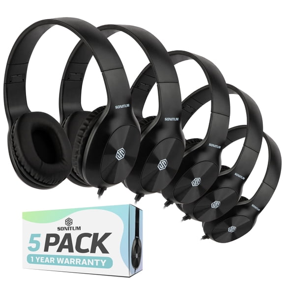 Auriculares Sonitum Kids, paquete de 5 unidades, supraaurales, 3,5 mm, con cable, negros