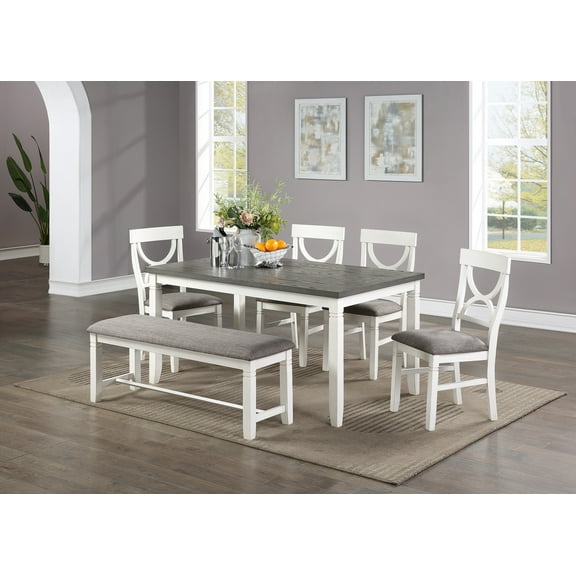 White Finish 6pc Dining Set Round Table 4 Chairs Bench Classic Design Wooden Fabric Cushion Seats Chairs Dining Room Furniture