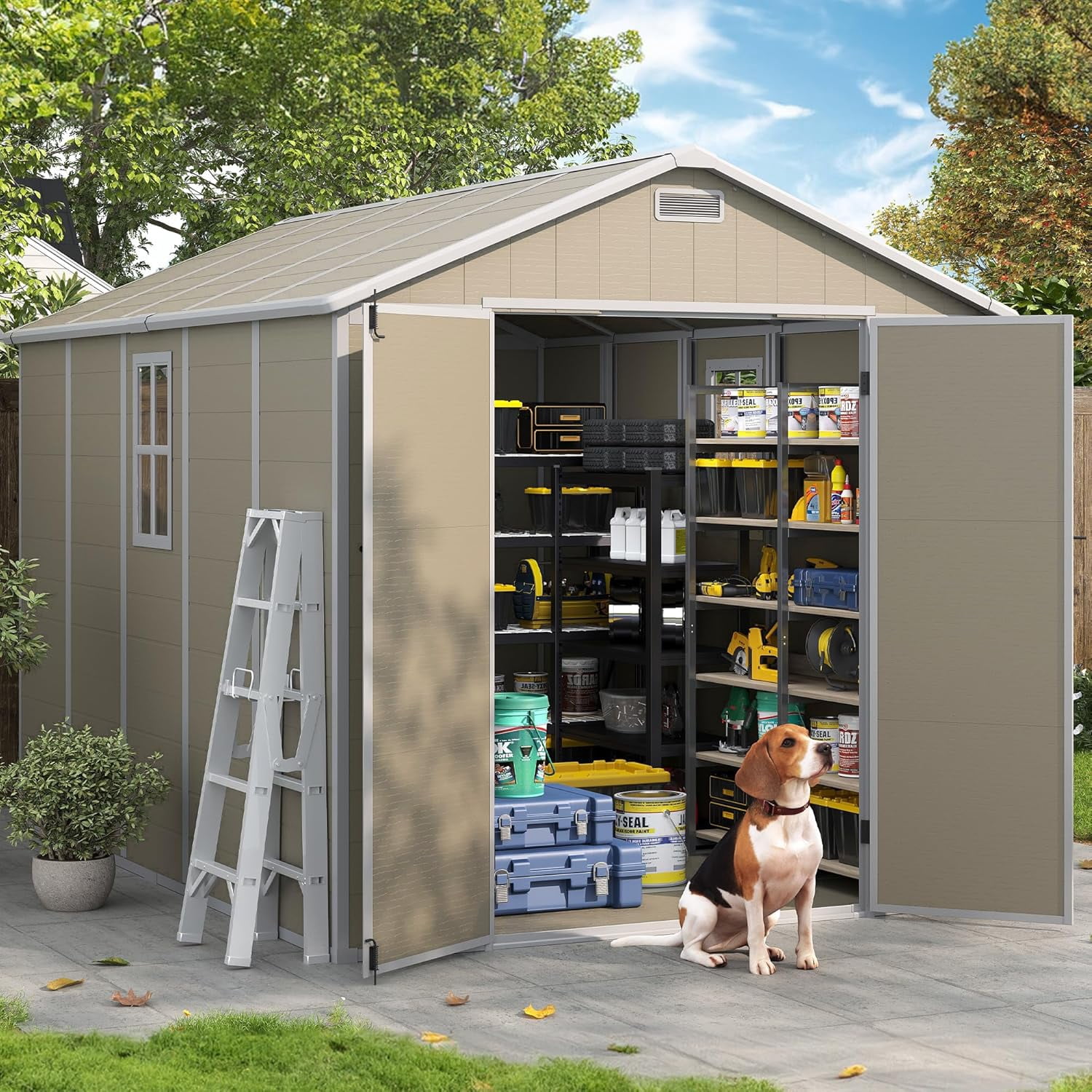 ELPOSUN Storage Shed 8 x 10 FT, Resin Outdoor Garden Sheds with Floor Plastic Patio Outdoor Storage with Lockable Door for Tool, Bike,Light Brown