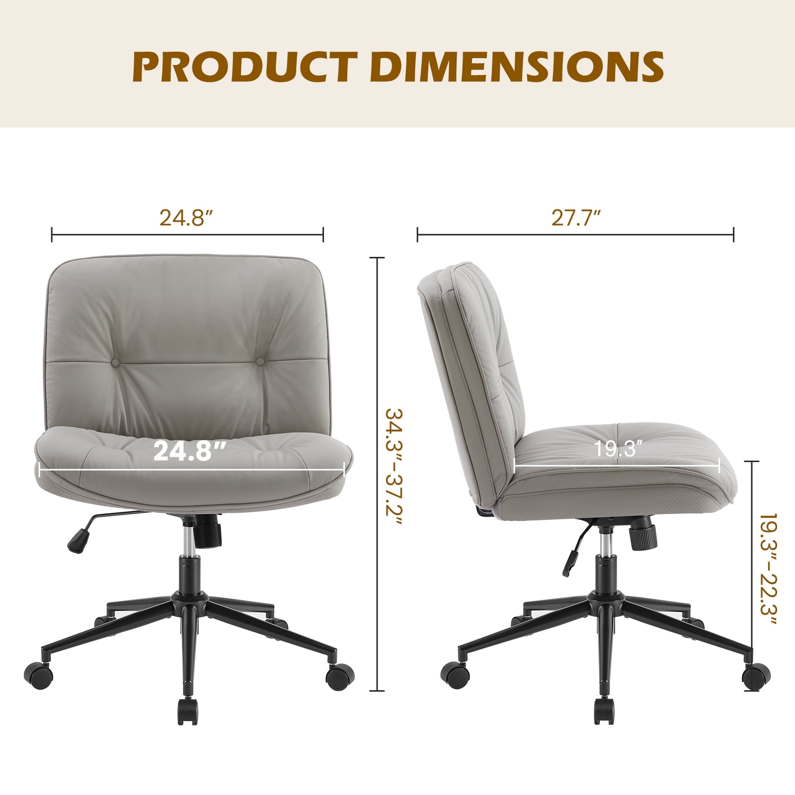 GIANNA Armless Office Desk PU Leather Wide Seat with Wheels, Criss Cross Legged Chair, Height Adjustable, Swivel, For Home Bedroom Office - Khaki