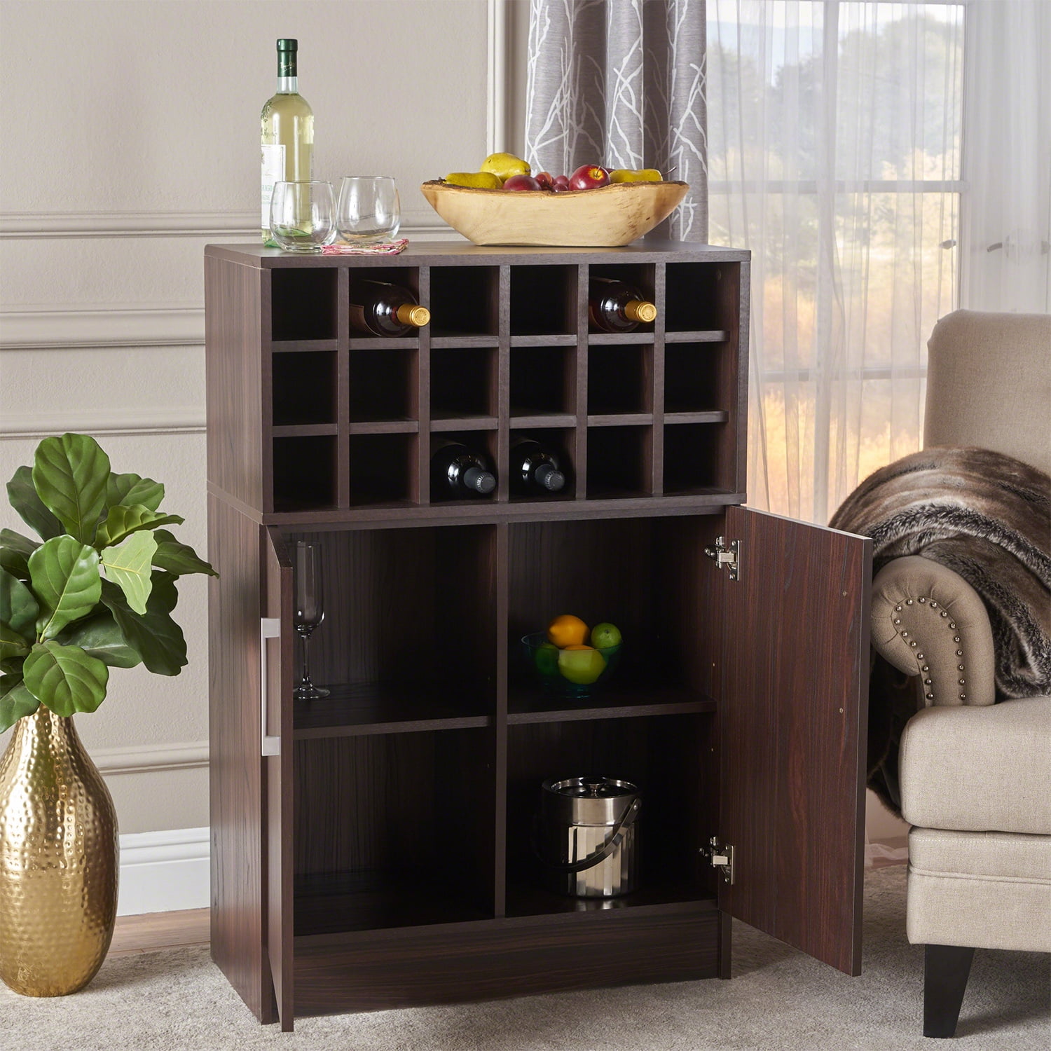 Kadyn Modern Wine Rack Bar Cabinet, Fiberboard Wine Bar Cabinet for Home Bar, Mid Century Bar Cabinet with Storage Space, Walnut