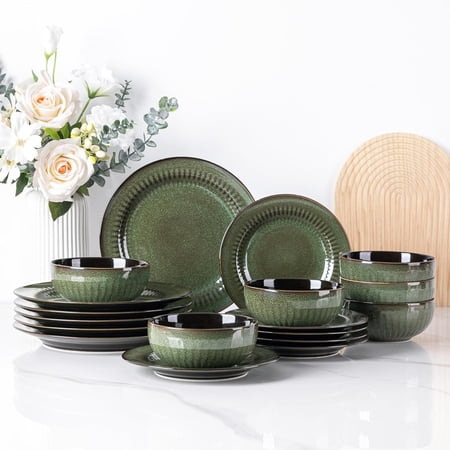 Ceramic Dinnerware Sets for 6,Handcraft Embossed Stoneware Plates and Bowls Sets,Highly Chip and Crack Resistant | Dishwasher & Microwave & Oven Safe Dishes set,Service for 6 (18pc)-Green