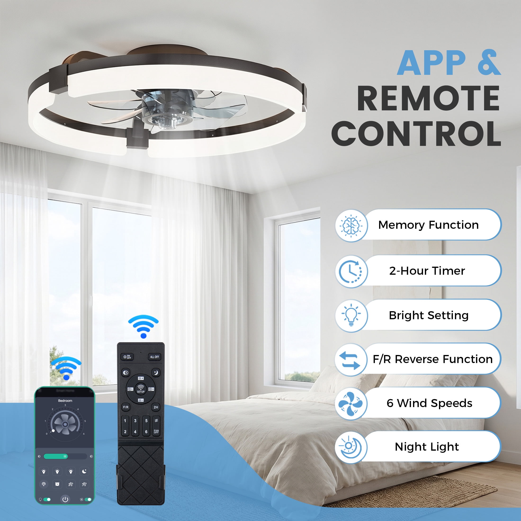 EDX Low-Profile Ceiling Fan with Light & Remote, Bluetooth App Control, Reversible Motor, Dimmable LED 3000K-6500K, Memory Function, 1-6H Timer, Quiet 44dB Flush Mount Fan