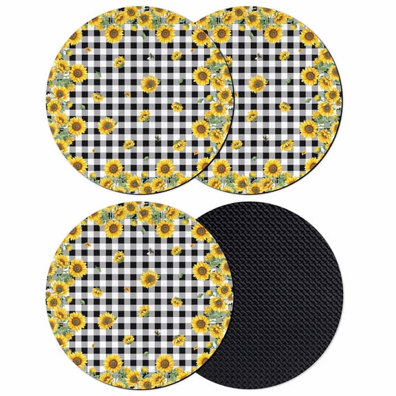 Yellow Sunflower Coasters Set of 4, Summer Bee Floral Black White Plaid Absorbent Coasters for Drinks, Coaster for Bar Office Dining Coffee Table Accessories Decor, Non Slip Round Desk Coaster