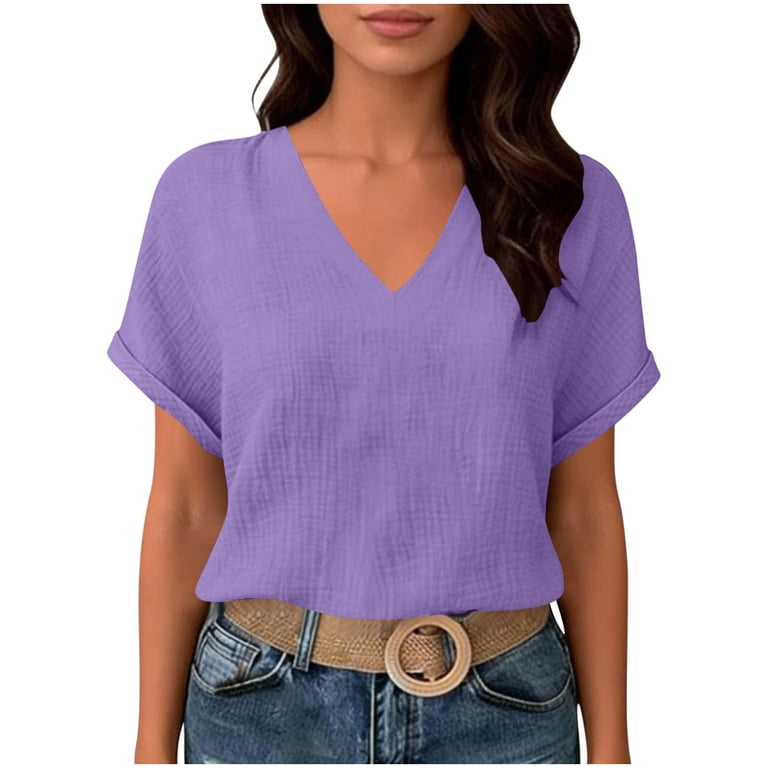Otntypg Womens Summer Gauze Blouses Lightweight Crinkle Texture V