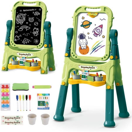 Art Easel Toys for Kids, 4-in-1 Double Magnetic Drawing Board Adjustable Standing Rotatable Sidewalk Chalk with Painting Writing Accessories, Easel Toys Birthday Gifts for Girls Boy (Green)