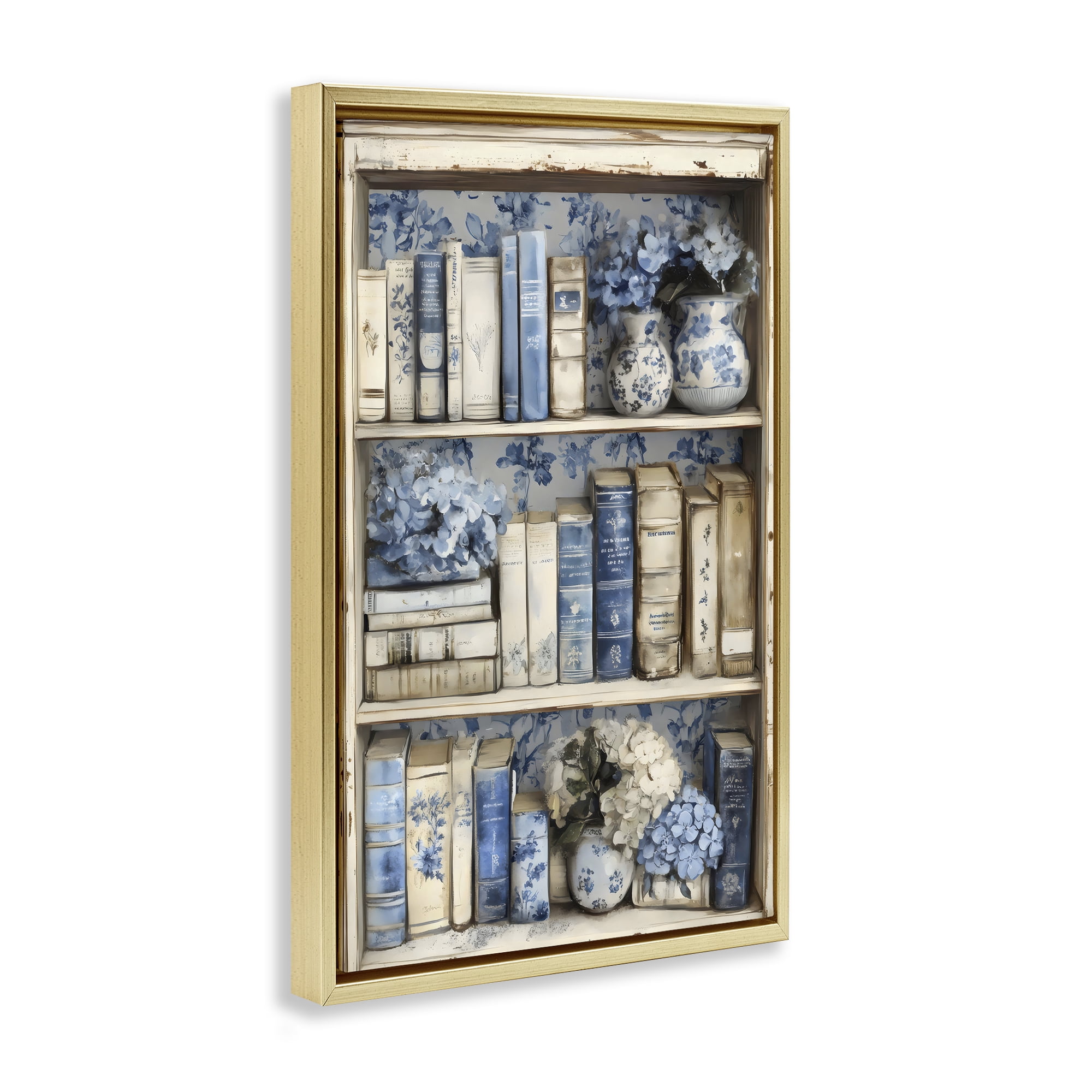 Stupell Industries Blue & Beige Bookcase Gold Framed Floater Canvas Wall Art, design by LSR Design Studio