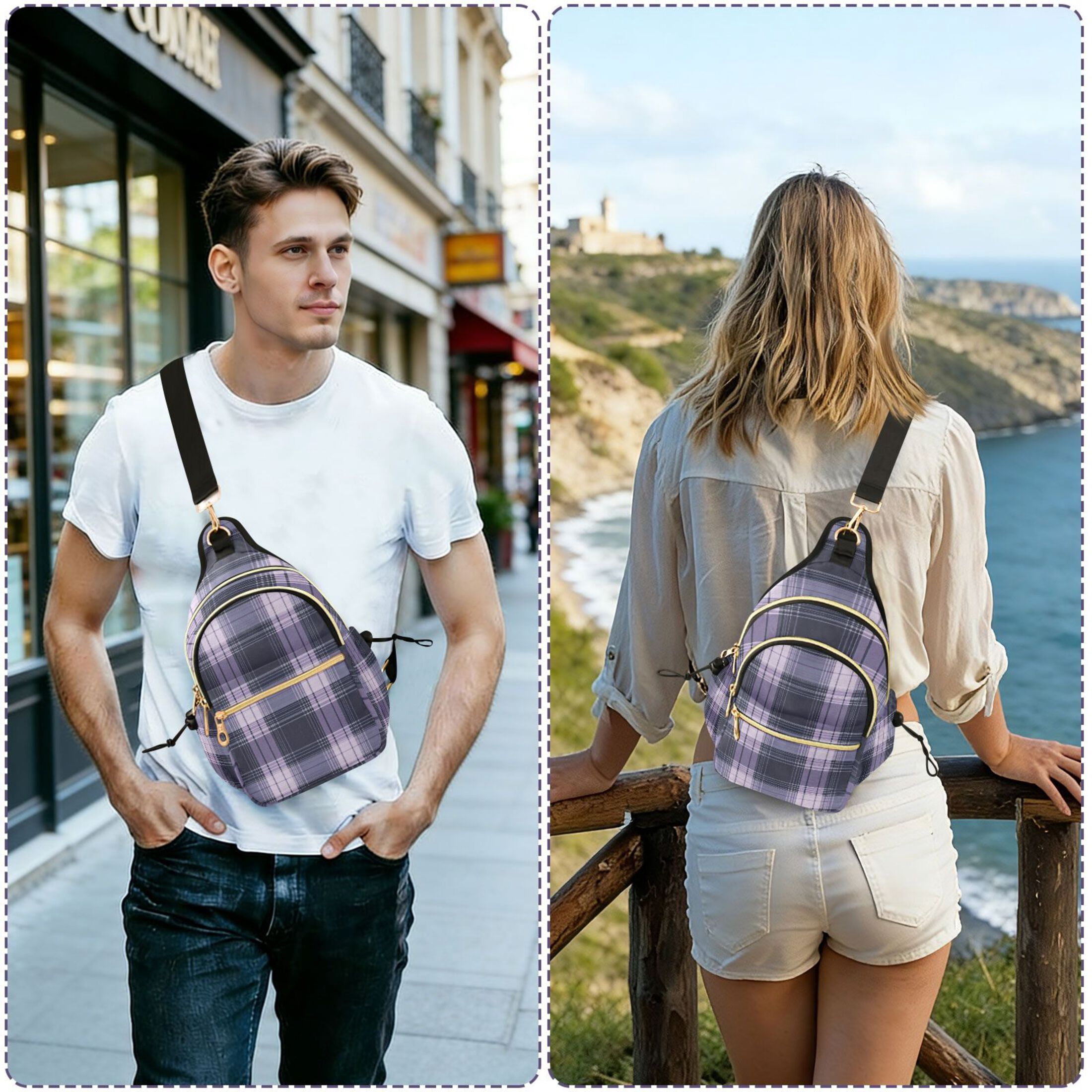 Crossbody Sling Bag for Women Shoulder Purse Trendy Daypack with Adjustable Strap Light Purple Tartan