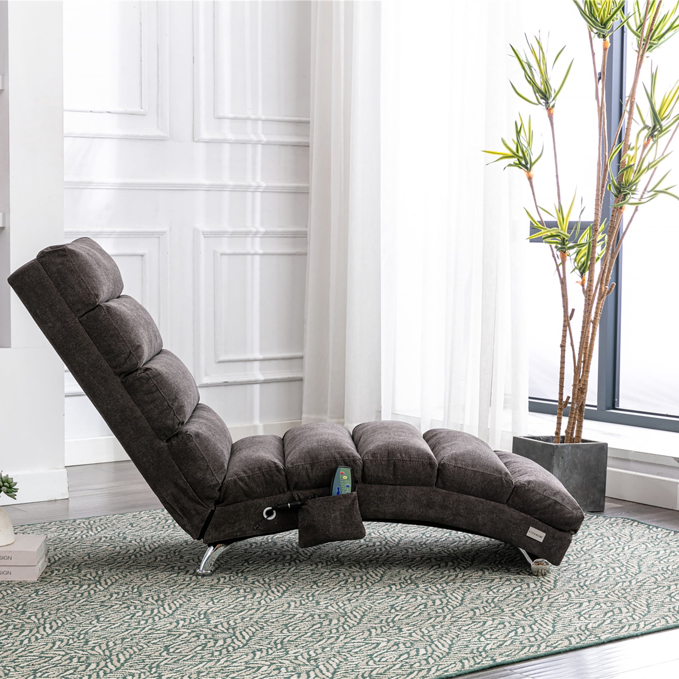 Noble House Upholstered Chaise Lounge Chair with Vibration, Linen Fabric Leisure Recliner, Dark Gray