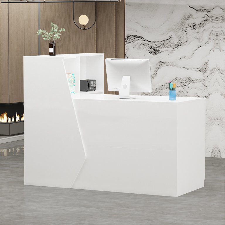 ECACAD Extra Long 2-Person Reception Desk With Hutch & Drawers - 86.6"L X 23.6"D X 39.3"H, White
