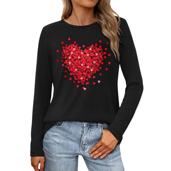 Long Sleeve Shirts for Women Valentines's Day Shirts Lover Heart Graphic Printed Blouses Valentine Pullover Crew Neck Tops A-Black L