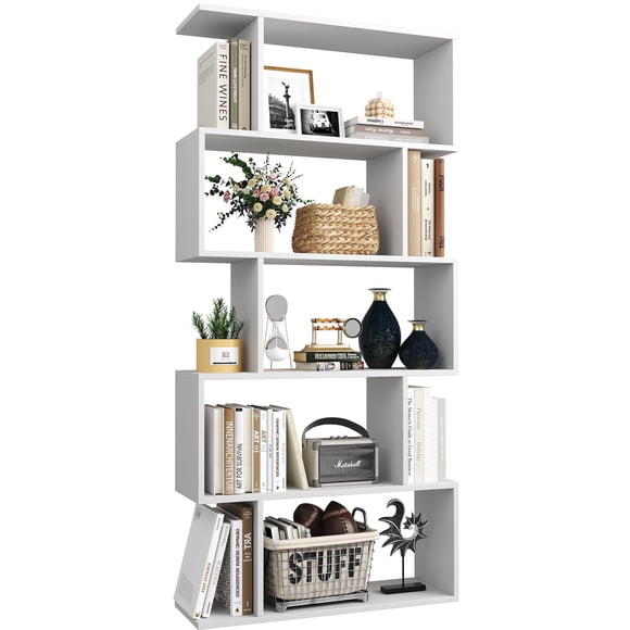 Modern S Shaped Bookshelf, 5 Tier Decorative Display Shelf for Bedroom & Study Room - Elegant White Living Room Storage Solution