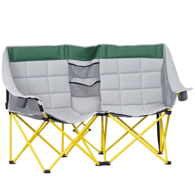 Outsunny Chaise de Camping Double Siège Causeuse Pliante avec Pochette de Rangement Vert