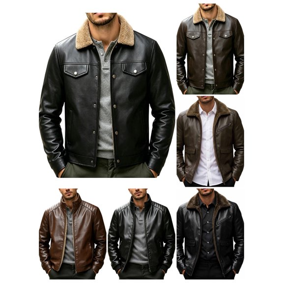 Atkumj Mens Bomber Jacket Fashion Turn Down Collar Button Outdoor Faux Leather Jacket Casual Solid Color Fleece Lined Warm Jackets for Men XS