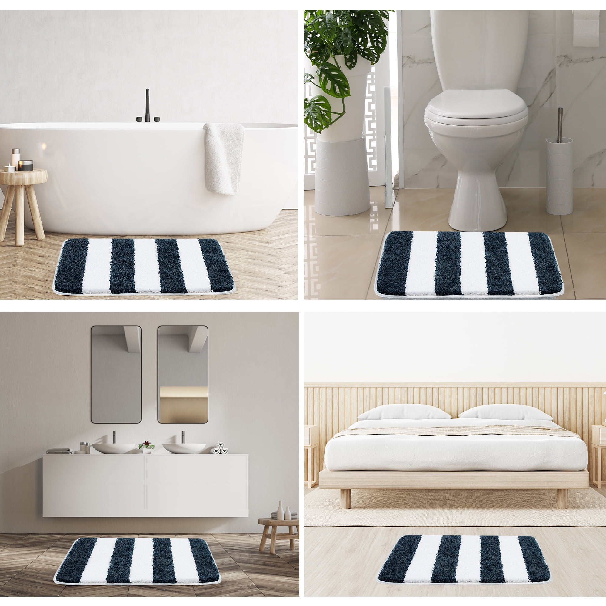 REGALWOVEN Microfiber Striped Bathroom Rugs, Shaggy Soft Thick&Water Absorbent Bath Mat Moroccan Blue&White 20"x31"