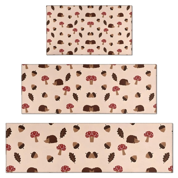 Brown Mushroom Hedgehog Leaf Beige Pattern Kitchen Rugs Sets Of 3,Kitchen Runner Rugs Non Skid Washable,Decorative Kitchen Floor Mats for Kitchen,Sink,Laundry,17"x30" 17"x47" 17"x59"