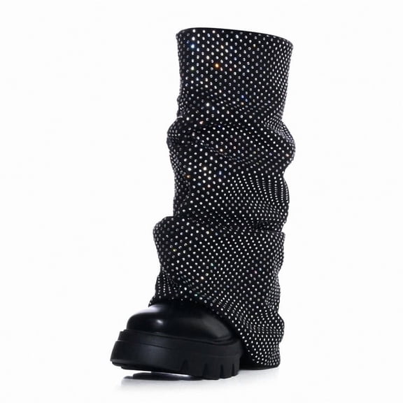 Women's Black Rhinestone Platform Round Toe fold over Wide Calf Boots Fashion Chunky Heel slouchy Shark moon Party Rave Boots 9