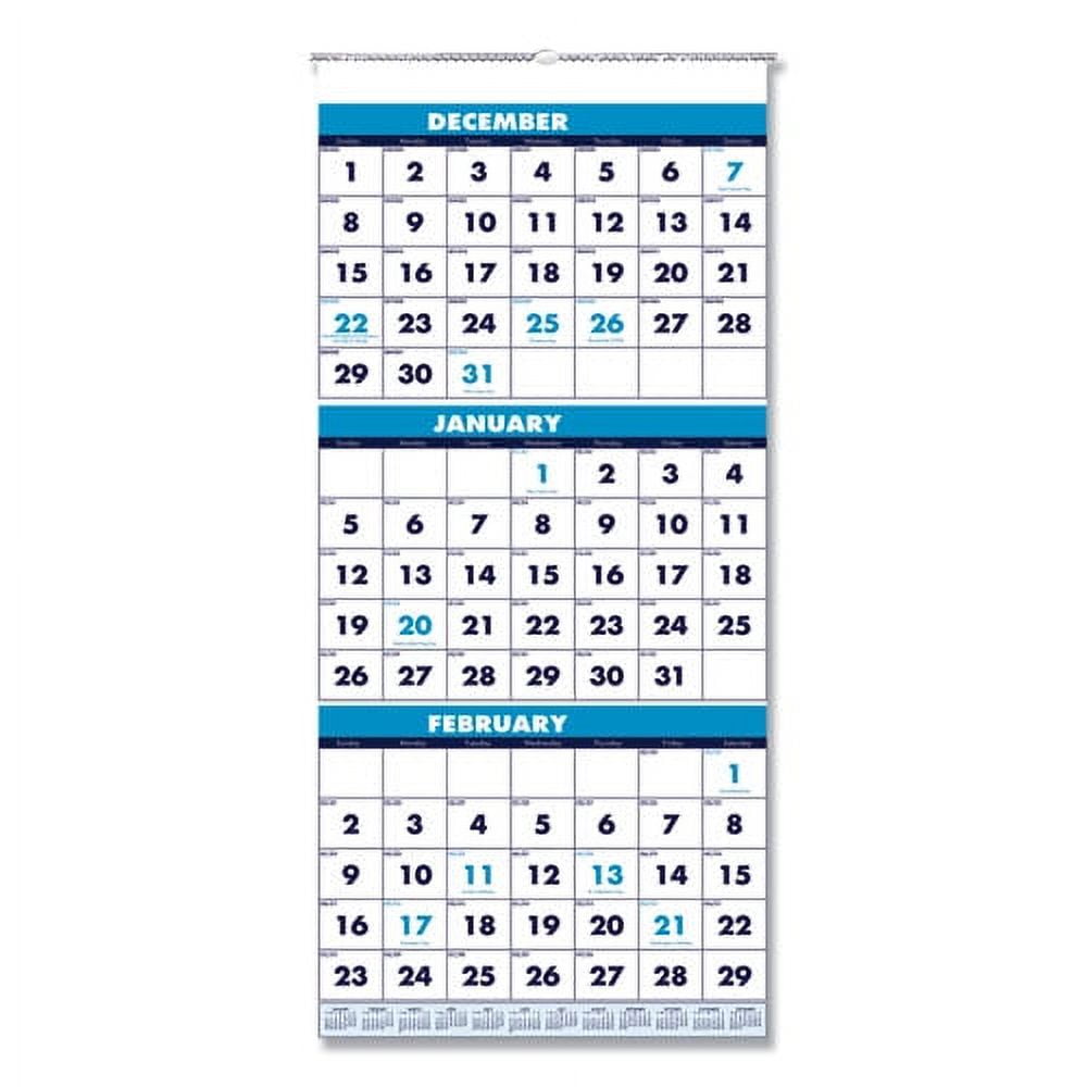 Recycled Three-Month Format Wall Calendar, Vertical Orientation, 12.25 x 26, White Sheets, 14-Month (Dec-Jan): 2023-2025