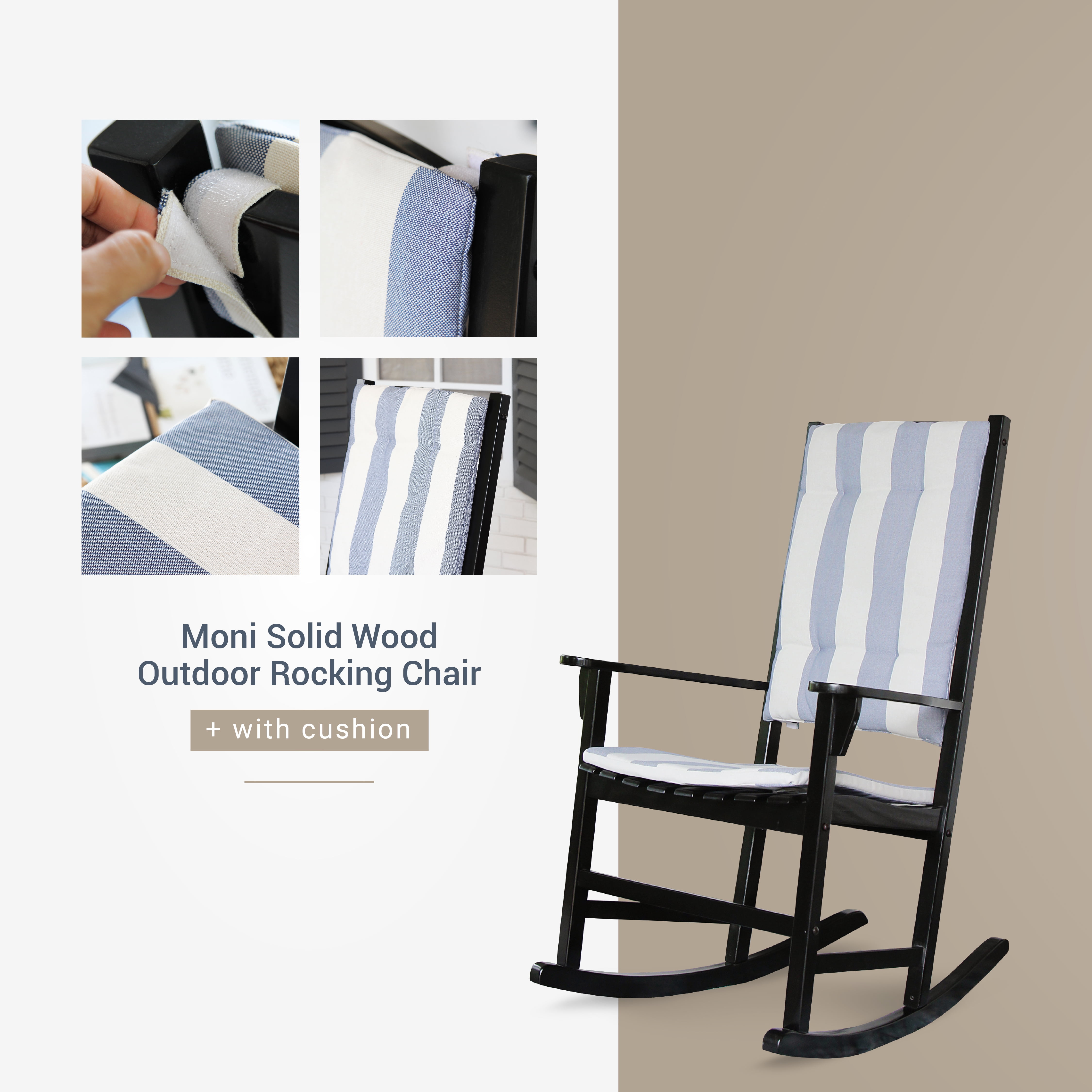 Alston Mahogany Wood Outdoor Rocking Chair with Cushion, Black Striped Cushion
