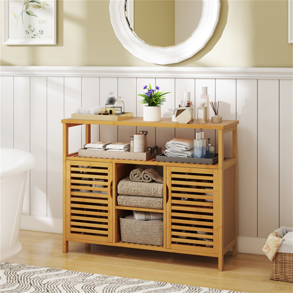 Double Door Bamboo Bathroom Storage Cabinet with Open Shelves, 39.5 Inch Tall Wood Organizer with Anti-Tip Device, for Bathroom, Kitchen, Living Room, Natural Finish