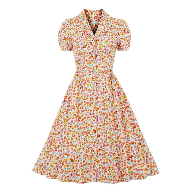 SMihono Robes Bohèmes d'Été pour Femmes Grande Taille à Col en V Rétro à Imprimé Floral Manches Courtes Taille Haute Robe Formelle