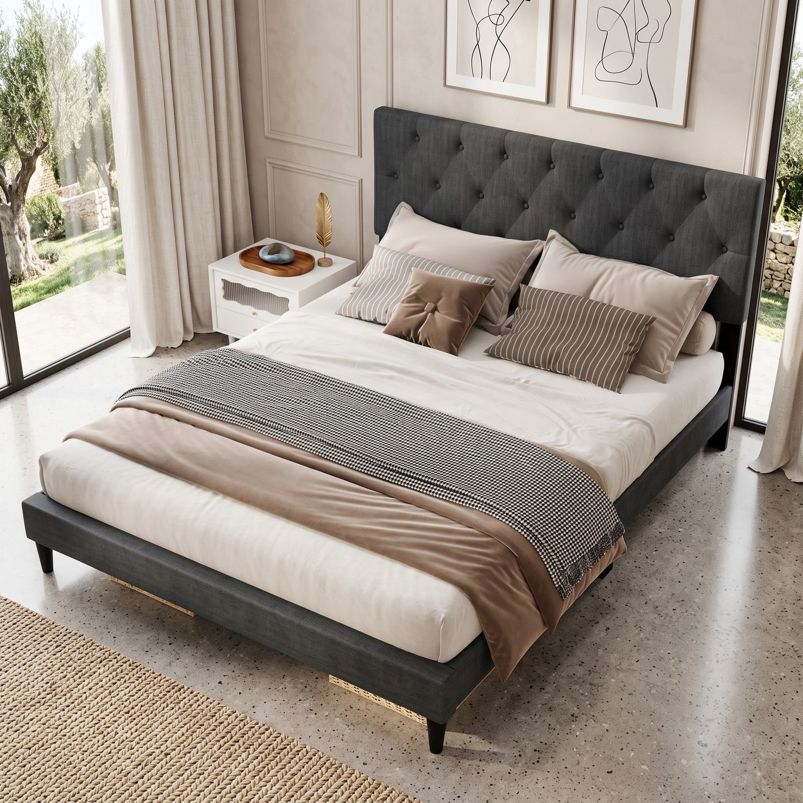 Furnibear Queen Bed Frame, Upholstered Platform Bed Frame with Tufted Wingback Headboard, Queen Bed Frame with Headboard and Slat Support, Gray
