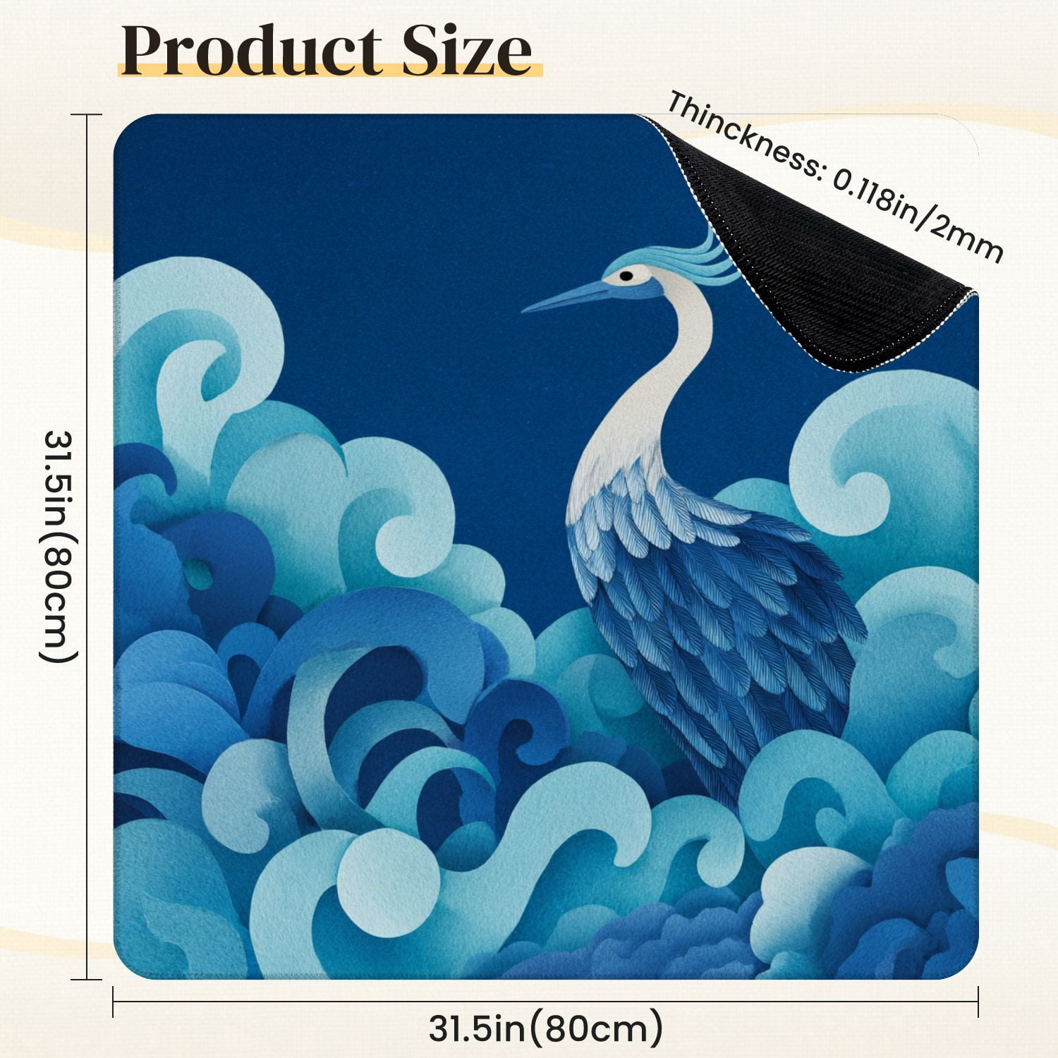 Chinoiserie Mahjong Mat 31.5" x 31.5" Symmetrical Crane Art Flowing Feathers Calming Clouds Non-Slip Noise Reduction Mahjong Tiles Table Cover for Dominoes Poker Card Board and Tile Games