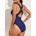 thumbnail image 5 of SHEWIN One Piece Swimsuits for Women Crisscross Back Padded Bathing Suits Racerback Sexy V Neck Ruched Athletic Monokini Swimwear Blue, 5 of 12
