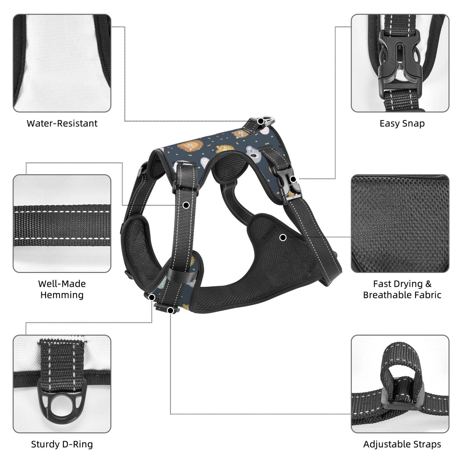 Kdxio Cartoon Animals Print No Pull Dog Harness Adjustable Reflective Oxford Easy Control Medium Large Dog Harness for Training and Everyday-Small