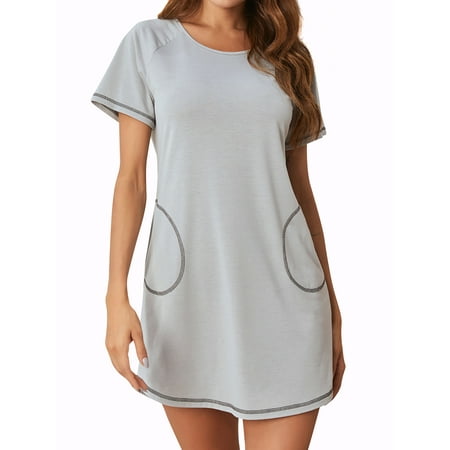 

ZXZY Women Solid Color Round Neck Short Sleeve Nightgown with Pockets