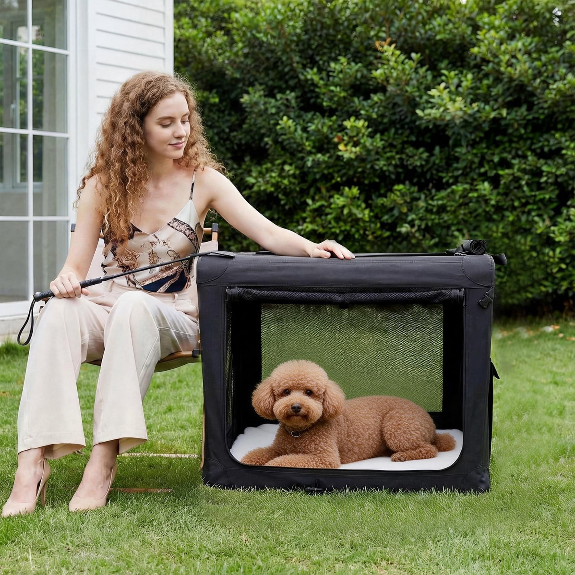 Sweetcrispy Portable Soft-Sided Dog Crate, Folding Travel Kennel with 3 Doors & Storage Pocket, Lightweight Oxford Fabric, Black, 30 lb Limit