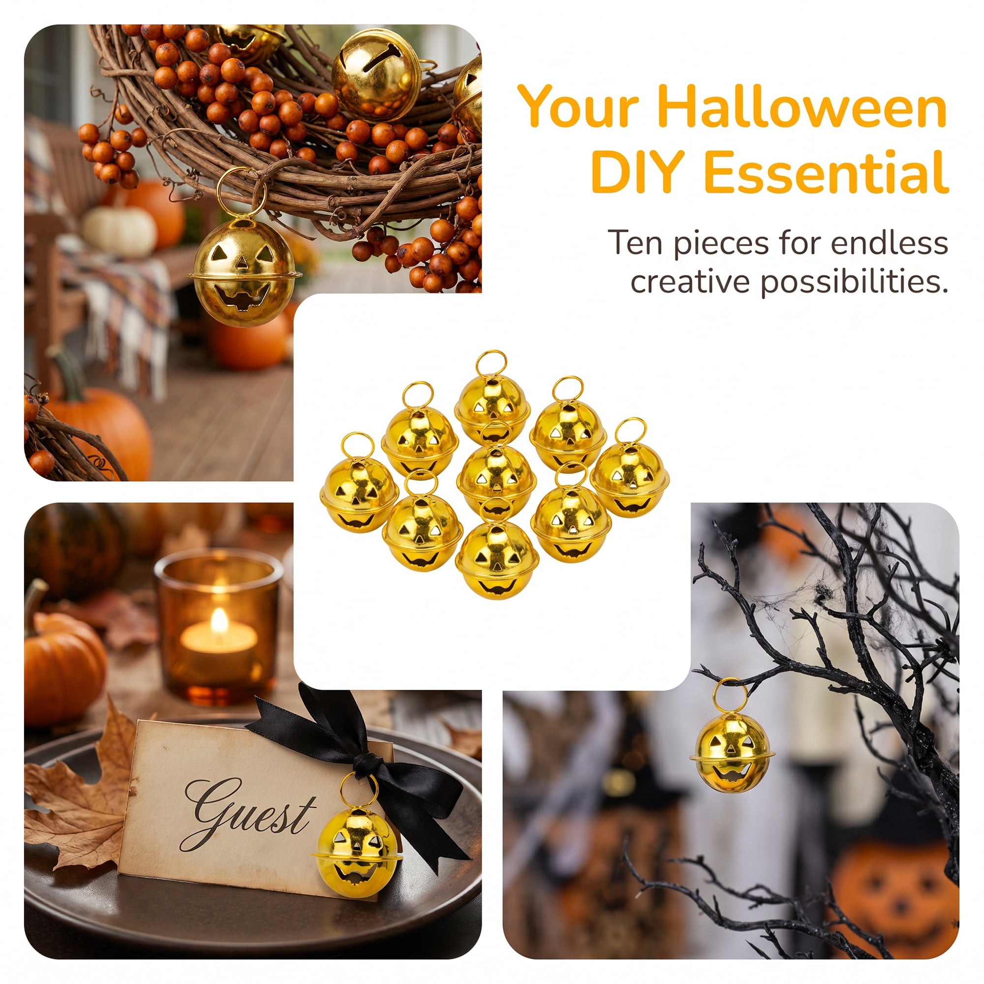 Unique Bargains 10Pcs Pumpkin Halloween Craft Round Bells Gold 0.9"L x 0.9"W x 0.9"H