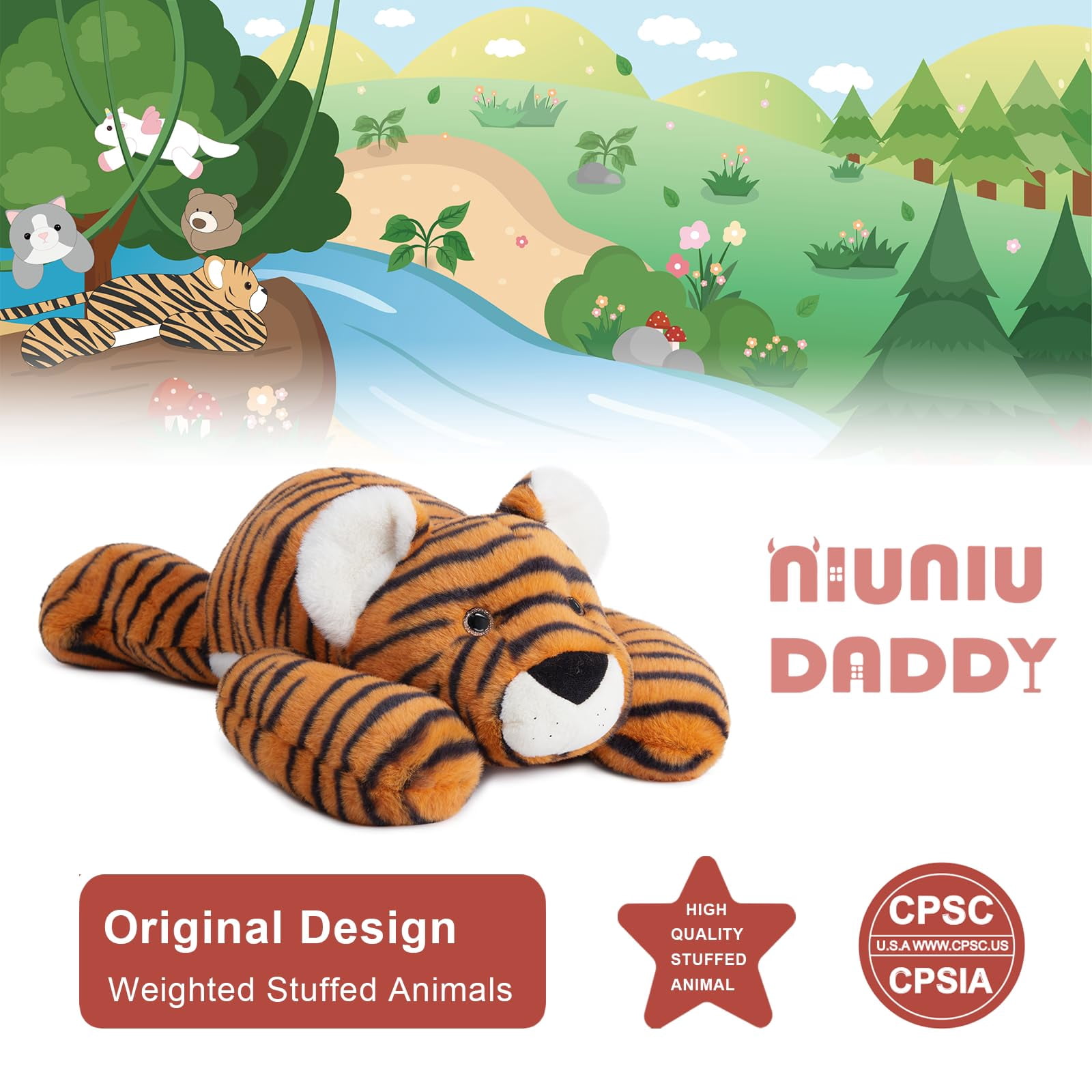 Niuniu Daddy Weighted Tiger Stuffed Animals 20"Large Plush Toy,3.3lb Giant Weighted Tiger Plushie Body Pillow with Soft Faux Fur, Birthday Gift for Baby, Kids & Adults