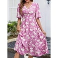 thumbnail image 5 of Women's Floral Flutter Sleeve V Neck Summer Midi Dress with Decorative Button and Ruched Bodice in 100% Polyester, 5 of 7