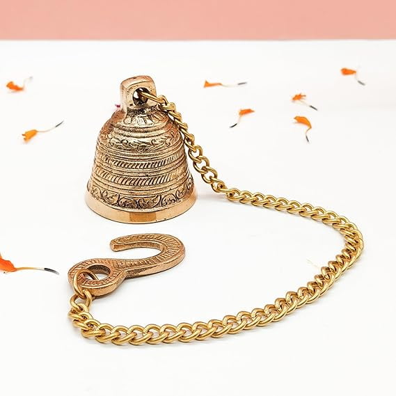 Brass Decorative Hanging Bells for Home Decoration (Set of 1, Pure Brass, 2.3X2.3X2.3 Inch) | Decorative Items Bell for Mandir Bell for Pooja Room (Chain Size 11.4 Inch)