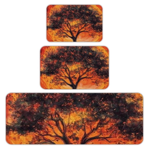 RKSupls Kitchen Rug Set 3 Piece Anti-Slip Flannel Floor Mats, Tree Sunset Red Washable Absorbent Runner Mats for Kitchen Bathroom Home Decor