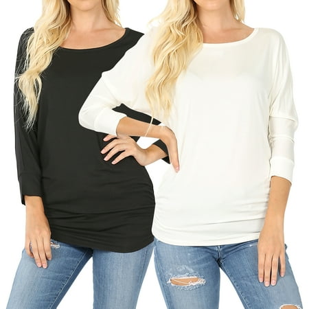 Women's Boat Neck Ruched Shirred Side 3/4 Dolman Sleeve Blouse Top
