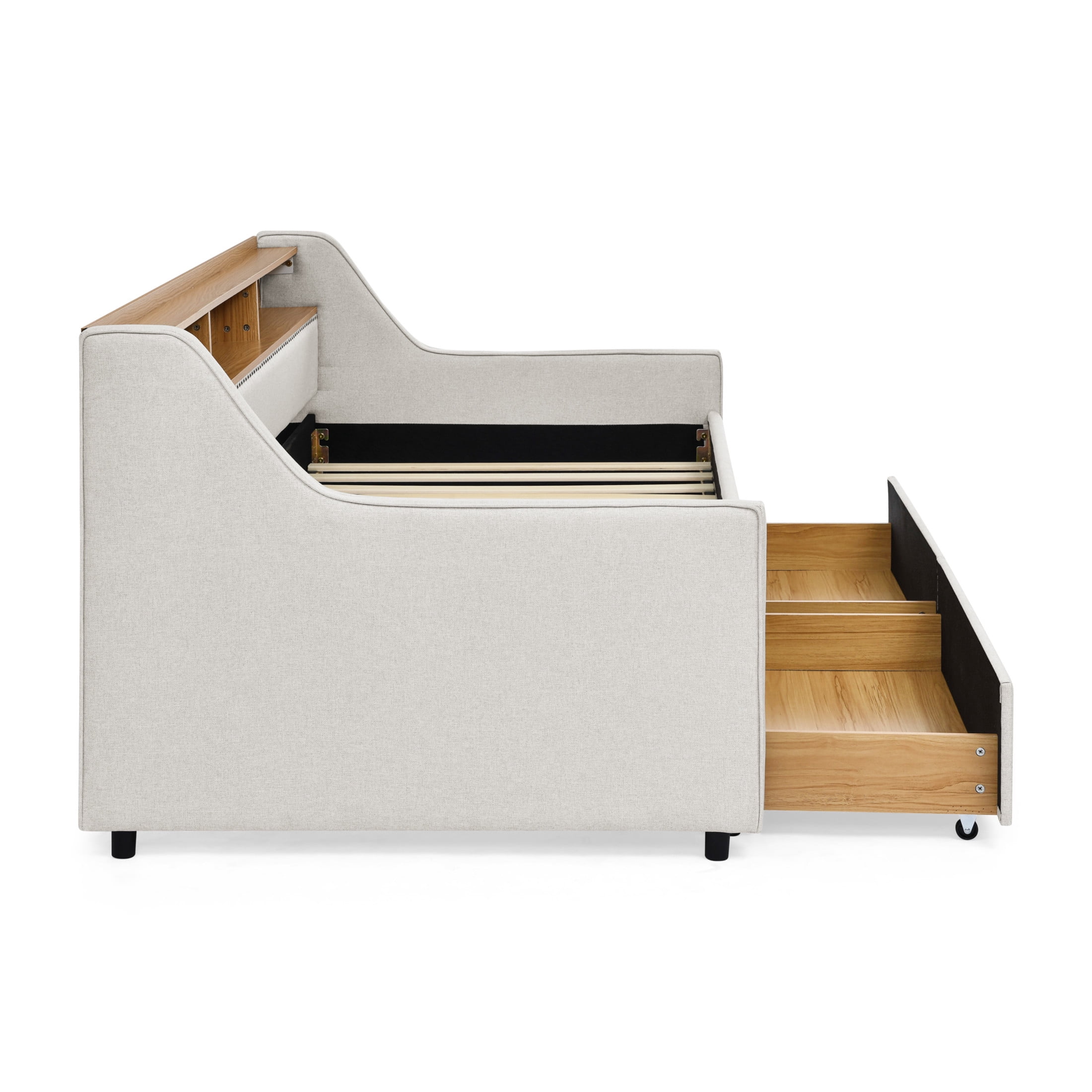 Noble House Zerra Twin Size Upholstery Sofa Bed, Linen  Padded Daybed Frame with LED Lights Headboard & Drawer, Beige