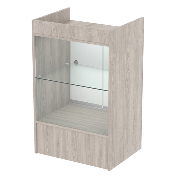 24”W * 18”D * 38”H - Retail Cash Register Stand， Wood grain gray Cash Wrap Checkout Desk，Counter Stand with Glass Display Cabinet for Retail