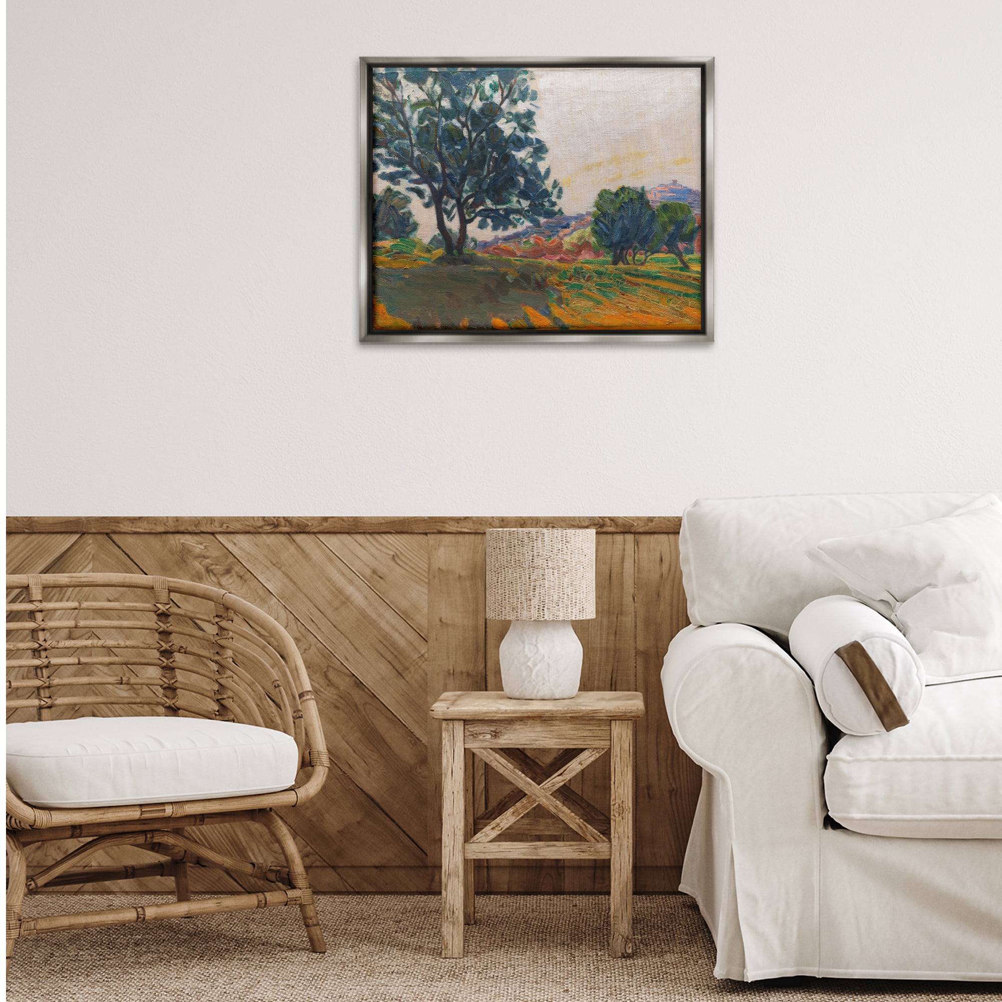 Stupell Industries Tree in Shadow Landscape & Nature Painting Gray Floater Framed Canvas Art Print Wall Art, 31 x 25