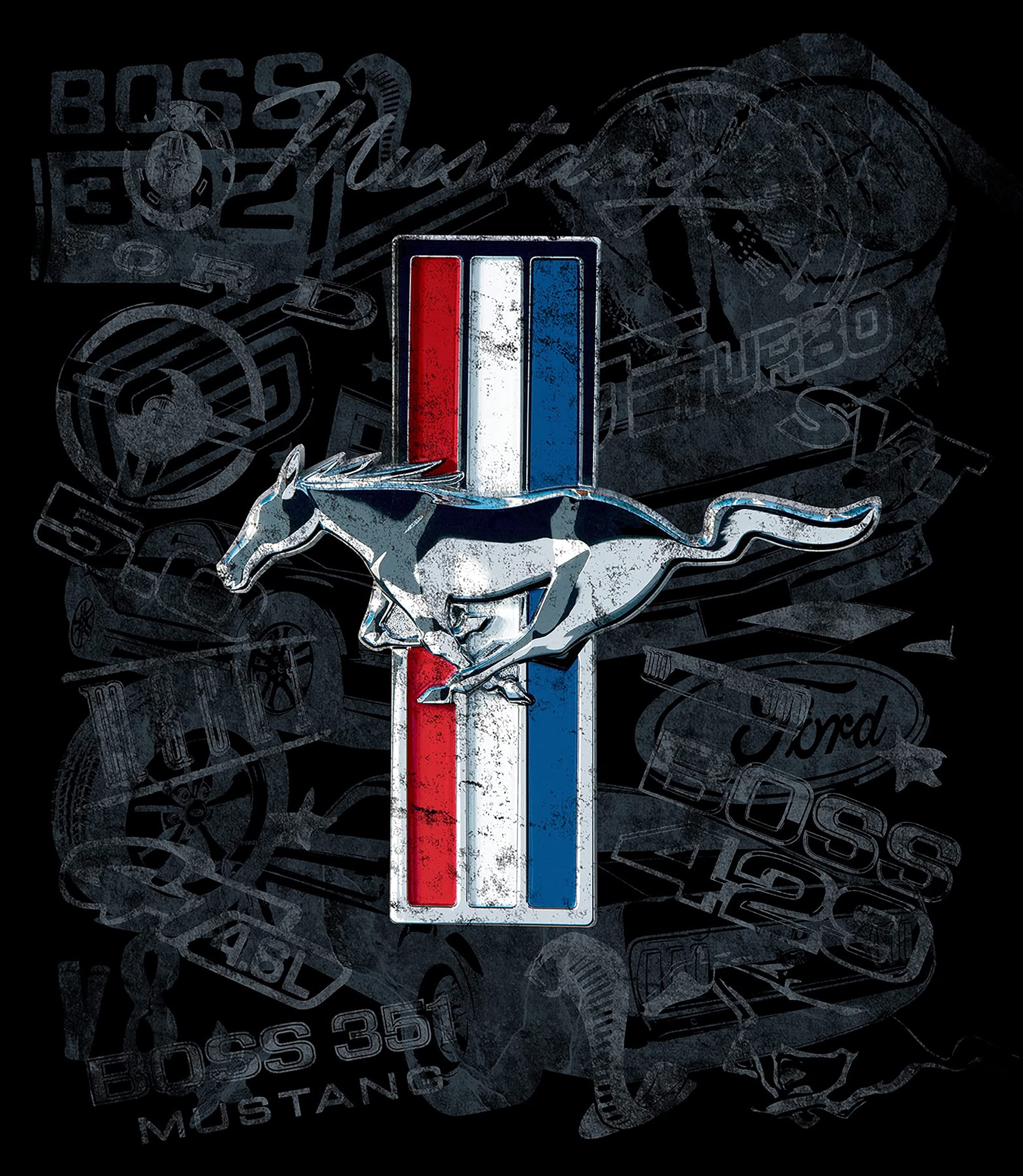 JH Design Group Mens Ford Mustang Tri-Bar Pony Distressed Collage T-Shirt