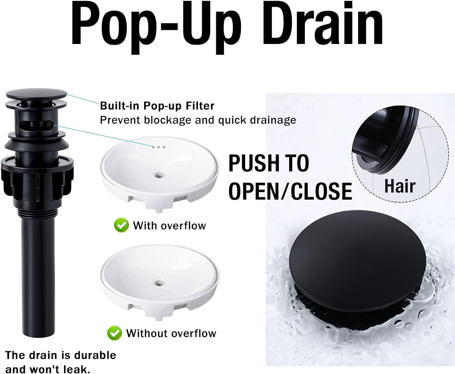 Zovajonia Matte Black Bathroom Faucet 3 Pieces with Metal Drain Assembly