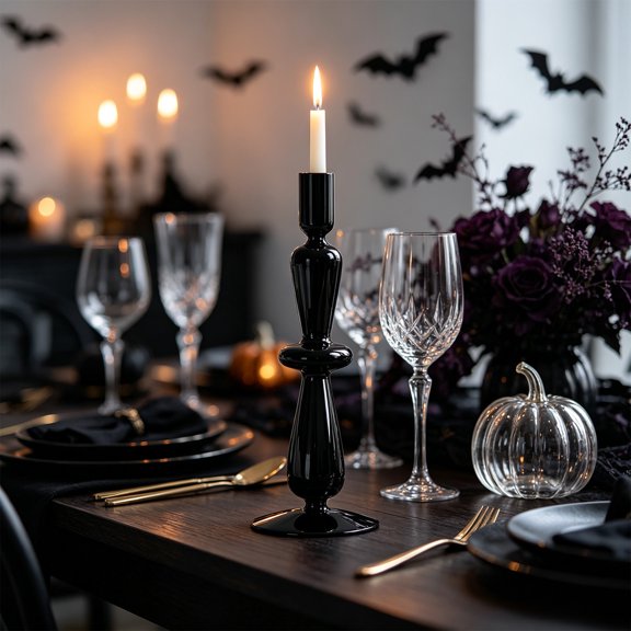 Linnome Halloween Themed Black Glass Candlestick, Elegant Gothic Taper Candle Holder for Table Centerpiece Decor, Spooky Party Ornament and Haunted House Holiday Decoration Gift