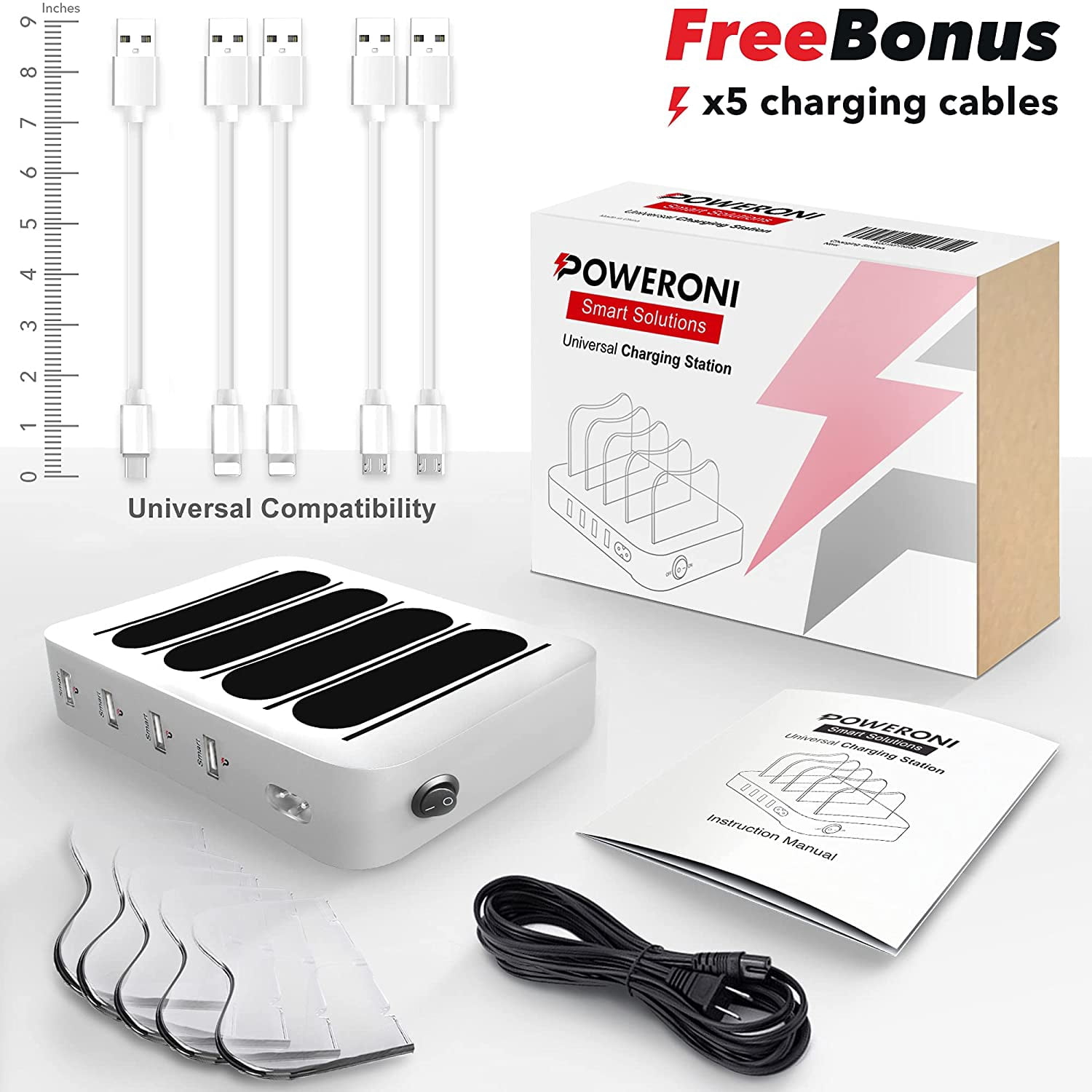 Poweroni USB Charging Station Dock - Fast Charge Docking Station for Multiple Devices - Multi Device Charger Organizer - Compatible with Apple and Android (Silver 4-Port)