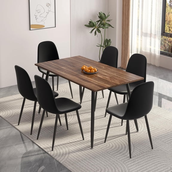 Modern 51" Dining Table Set for 6 with Upholstered Chairs, Mid Century Wooden Kitchen Table and Chairs, Space Saving Dining Room Furniture for Apartment, Small Space, Breakfast Nook, Black