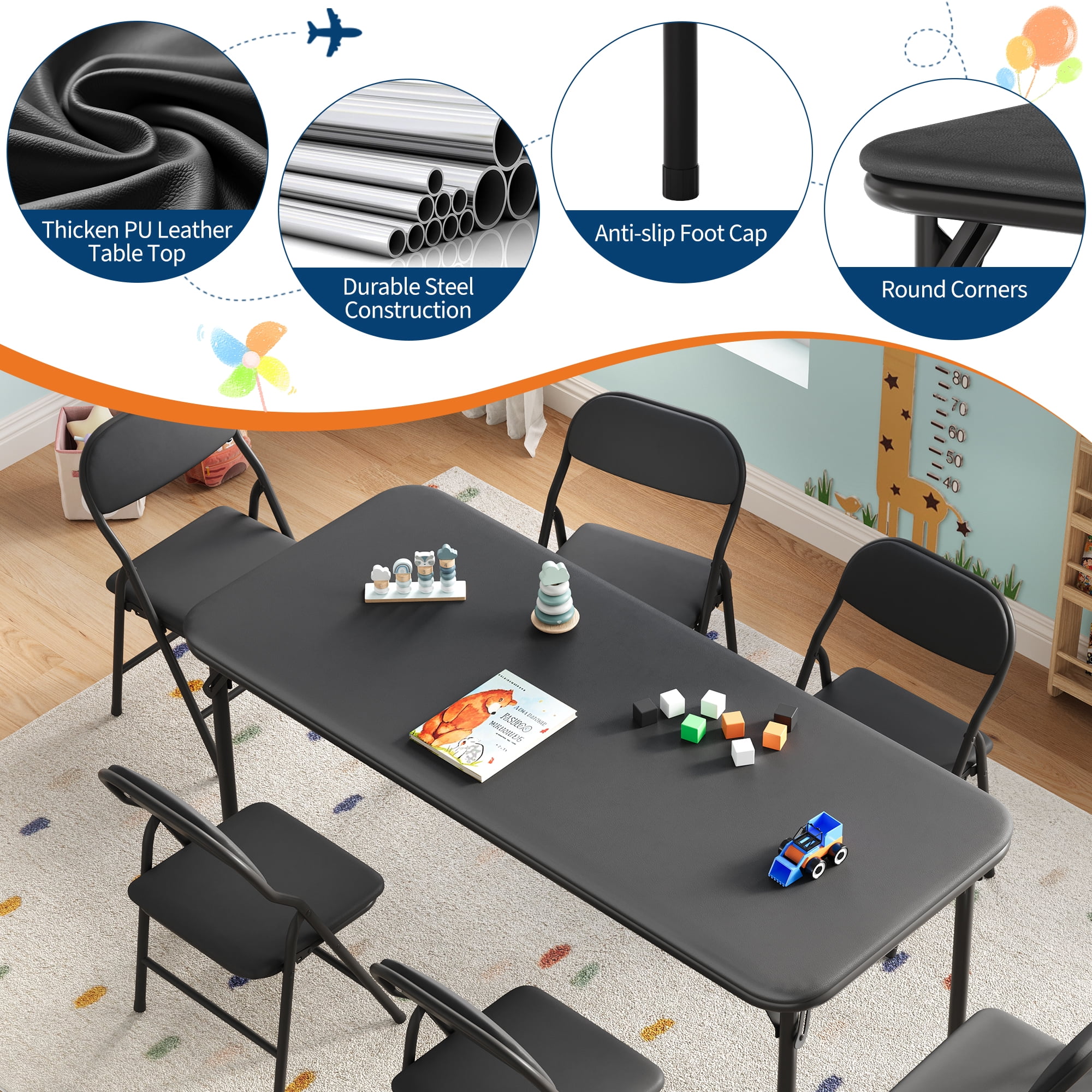 Ultra Soft PU Padded 1/5/7-Piece Kids Folding Table and Chairs Set – Durable Steel Frame, Anti-Slip Feet, No Assembly – Portable for Study, Dining, Learning Space, Play