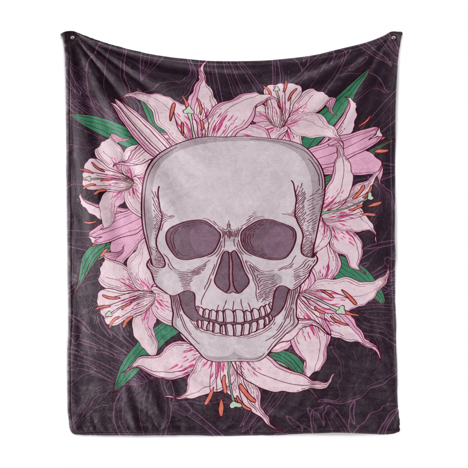 Skull Soft Flannel Fleece Throw Blanket, Gothic Botanical Design