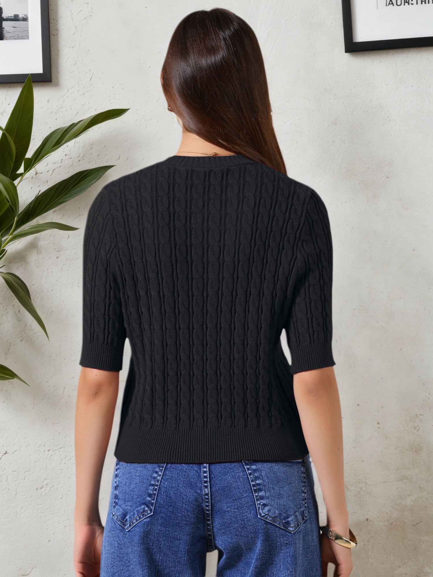 DARING DIVA Women's Short Sleeve Button Down Cable Knit Dressy Sweater M Black